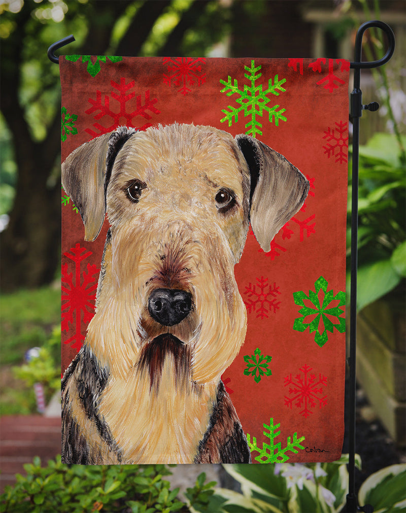 Airedale Red and Green Snowflakes Holiday Christmas Flag Garden Size