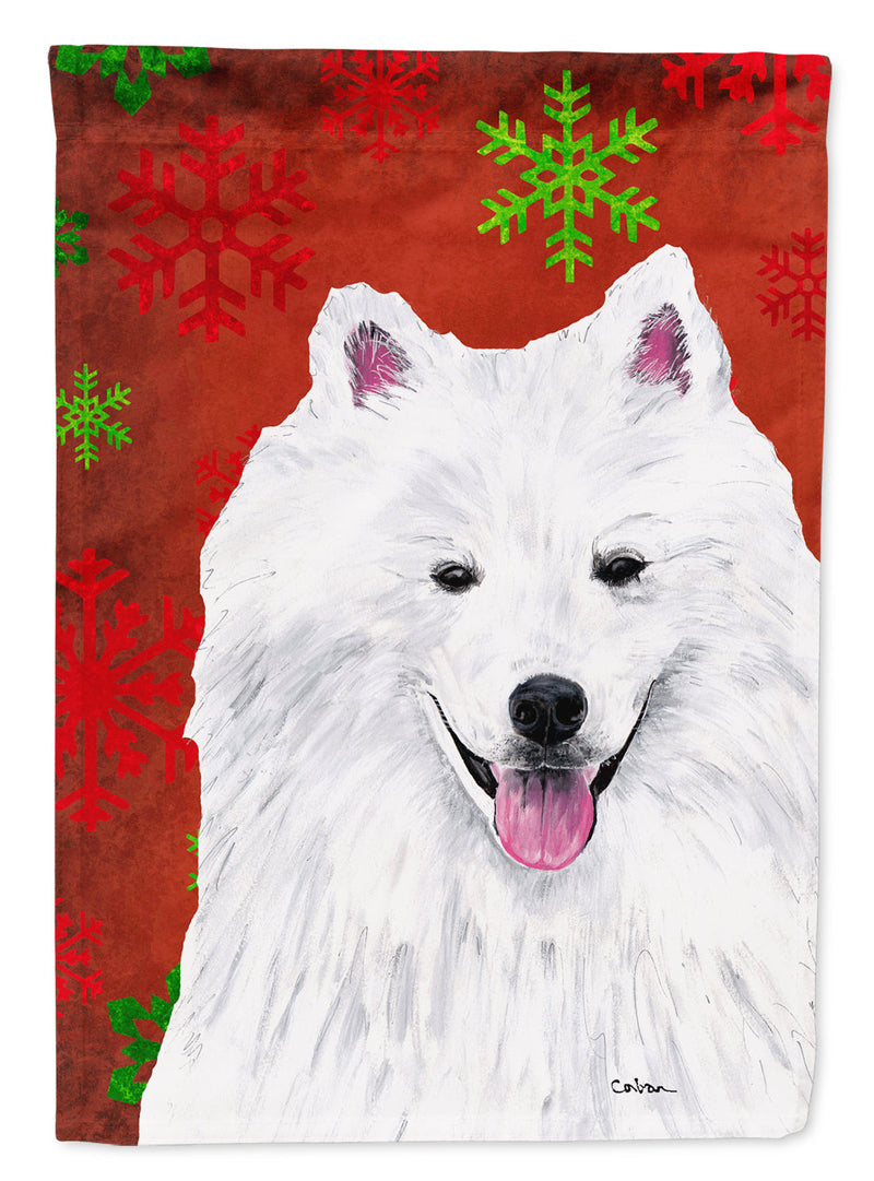 American Eskimo Red and Green Snowflakes Holiday Christmas Garden Flag – Decorative Outdoor Yard Flag