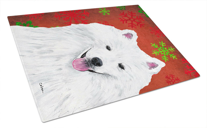 American Eskimo Red and Green Snowflakes Christmas Glass Cutting Board Large