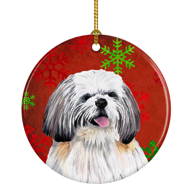 Shih Tzu Red Snowflakes Holiday Christmas Ornament - Round Ceramic Ornament – Artist-Designed Keepsake Decoration SC9423