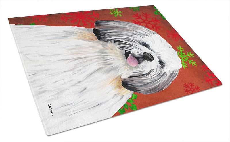 Shih Tzu Red and Green Snowflakes Holiday Christmas Glass Cutting Board Large