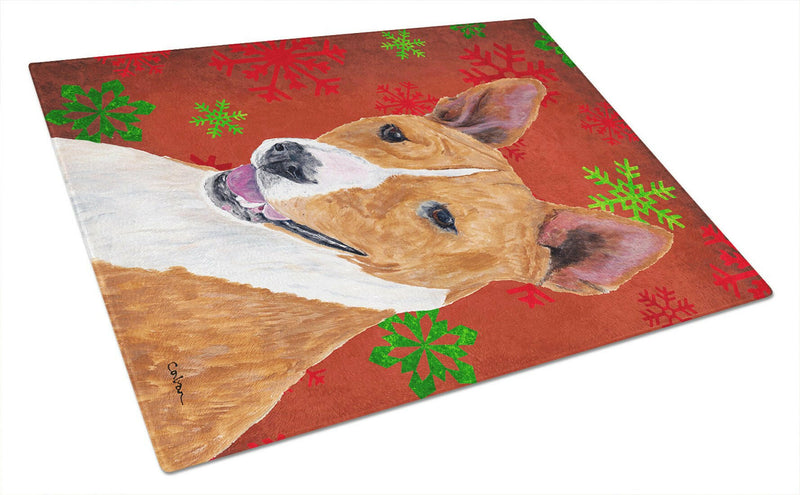 Basenji Red and Green Snowflakes Holiday Christmas Glass Cutting Board Large