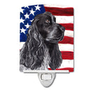 Black Cocker Spaniel with American Flag Ceramic Night Light Compact, UL-Certified, Ideal for Bedroom, Bathroom, Nursery, Hallway, Kitchen, 6x4x3, Multicolor