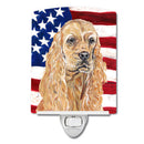 Buff Cocker Spaniel with American Flag Ceramic Night Light Compact, UL-Certified, Ideal for Bedroom, Bathroom, Nursery, Hallway, Kitchen, 6x4x3, Multicolor