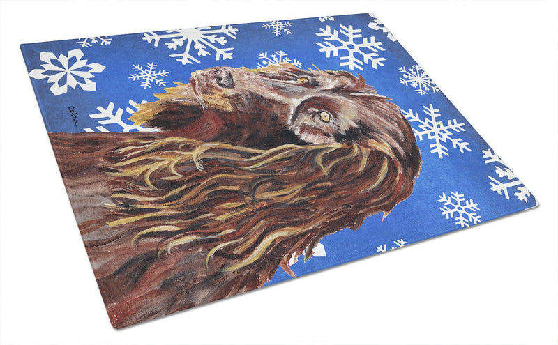 Boykin Spaniel Blue Snowflake Winter Glass Cutting Board Large