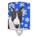 Bull Terrier Winter Snowflakes Ceramic Night Light Compact, UL-Certified, Ideal for Bedroom, Bathroom, Nursery, Hallway, Kitchen, 6x4x3, Multicolor