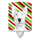Bull Terrier Candy Cane Christmas Ceramic Night Light Compact, UL-Certified, Ideal for Bedroom, Bathroom, Nursery, Hallway, Kitchen, 6x4x3, Multicolor