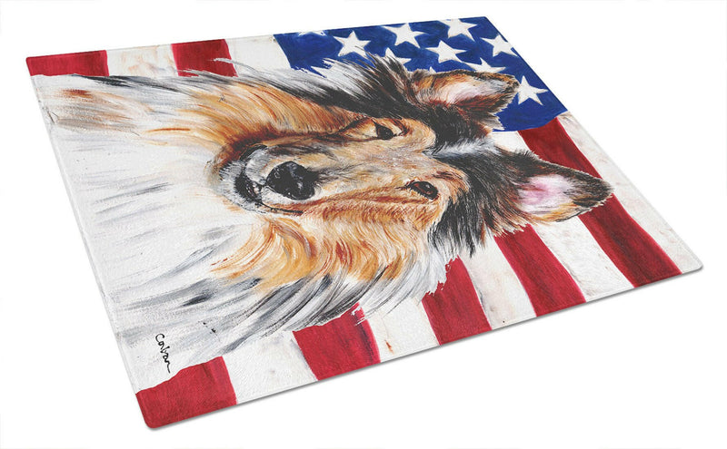 Collie with American Flag USA Glass Cutting Board Large Size SC9622LCB