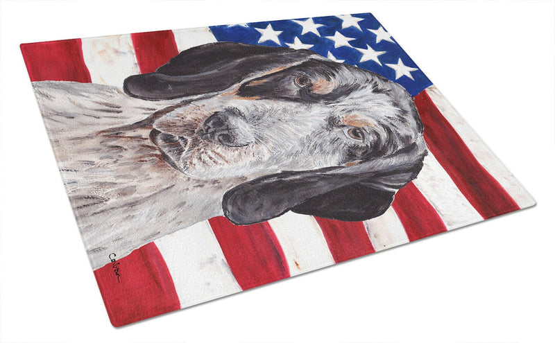 Blue Tick Coonhound with American Flag USA Glass Cutting Boards – Durable, Decorative Kitchen Art Large Size SC9625LCB
