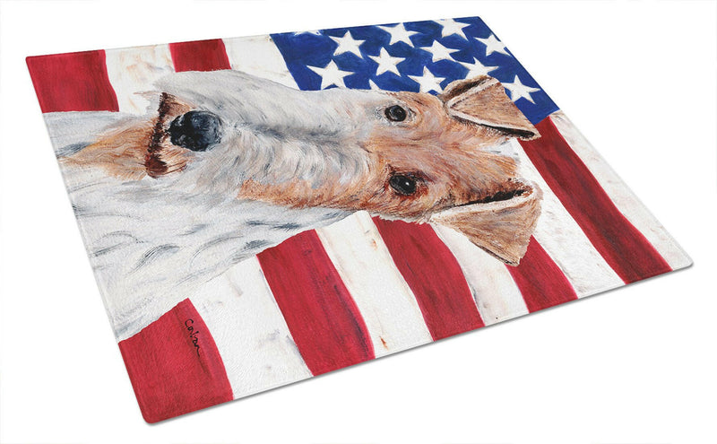 Wire Fox Terrier with American Flag USA Glass Cutting Board Large Size SC9628LCB