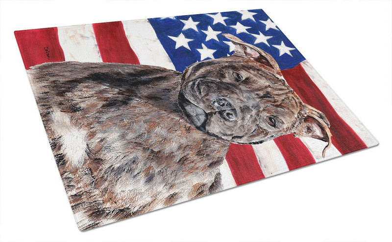 Staffordshire Bull Terrier Staffie with American Flag USA Glass Cutting Board Large Size SC9633LCB