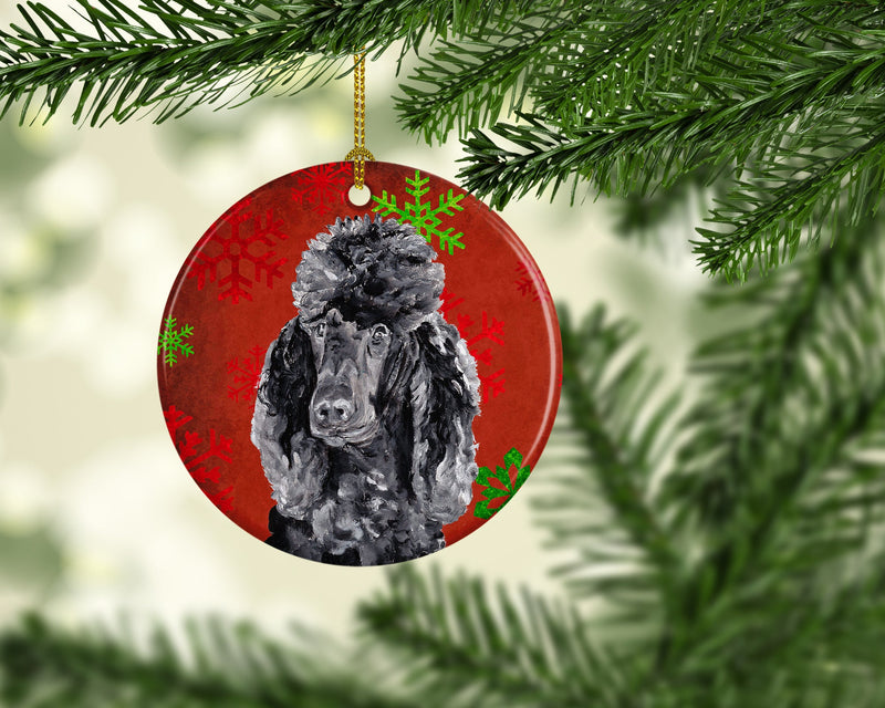 Black Standard Poodle Red Snowflakes Holiday Ornament - Round Ceramic Ornament – Artist-Designed Keepsake Decoration SC9746CO1