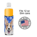 Cardigan Corgi Winter Snowflakes Slim Can Hugger , Insulated Foam Hugger for 12 oz Slim Cans, Beer Bottles & Water Bottles, Printed in USA
