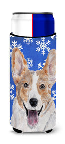 Cardigan Corgi Winter Snowflakes Slim Can Hugger , Insulated Foam Hugger for 12 oz Slim Cans, Beer Bottles & Water Bottles, Printed in USA