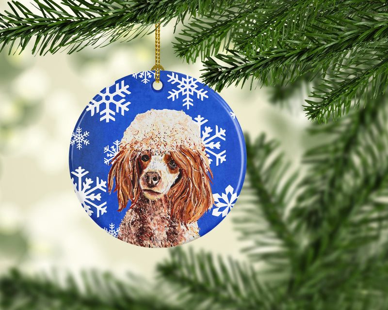 Red Miniature Poodle Winter Snowflakes Ceramic Ornament SC9771CO1