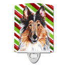 Collie Candy Cane Christmas Ceramic Night Light Compact, UL-Certified, Ideal for Bedroom, Bathroom, Nursery, Hallway, Kitchen, 6x4x3, Multicolor