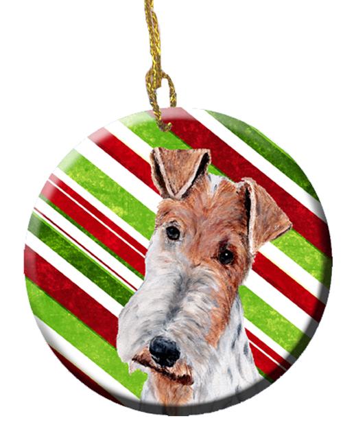 Wire Fox Terrier Candy Cane Christmas Ornament - Round Ceramic Ornament – Artist-Designed Keepsake Decoration SC9796CO1