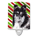 Black and White Collie Candy Cane Christmas Ceramic Night Light Compact, UL-Certified, Ideal for Bedroom, Bathroom, Nursery, Hallway, Kitchen, 6x4x3, Multicolor