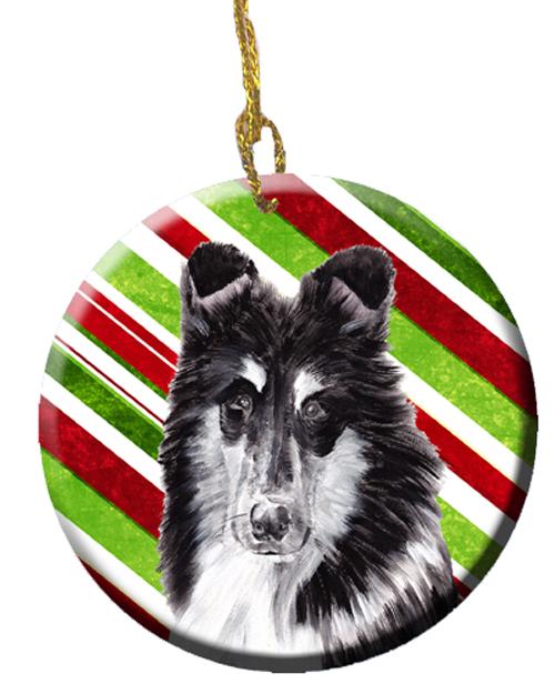 Black and White Collie Candy Cane Christmas Ceramic Ornament SC9798CO1