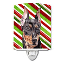 German Pinscher Candy Cane Christmas Ceramic Night Light Compact, UL-Certified, Ideal for Bedroom, Bathroom, Nursery, Hallway, Kitchen, 6x4x3, Multicolor