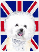 Bichon Frise with English Union Jack British Flag Cutting Board Tempered Glass Kitchen Cutting Surface, Heat Resistant Chopping, Non-Slip Feet, Food Prep & Serving
