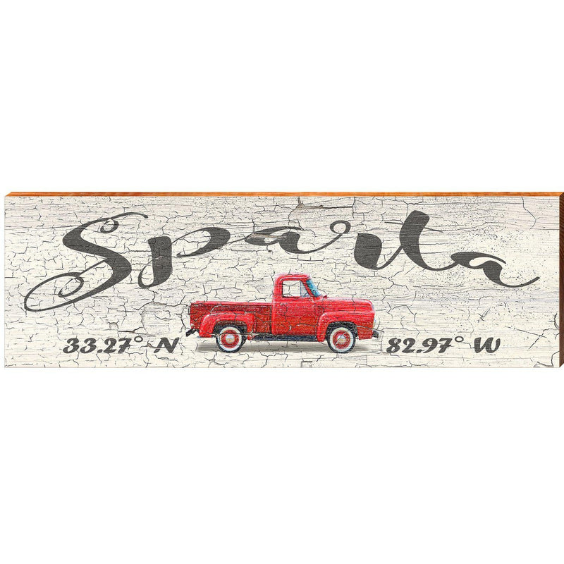 Sparta Red Truck Latitude Longitude | Wall Art Print on Real Wood