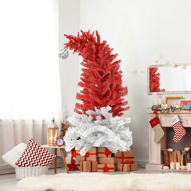 6ft Bendable Santa Hat Style Artificial Christmas Fir Tree Bent Top Xmas Tree with Metal Stand, 1050 Lush Branch Tips, Red