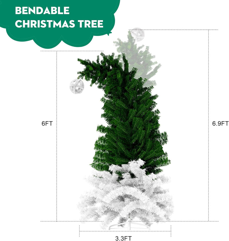 6ft Bendable Santa Hat Style Artificial Christmas Fir Tree Bent Top Xmas Tree with Metal Stand, 1050 Lush Branch Tips