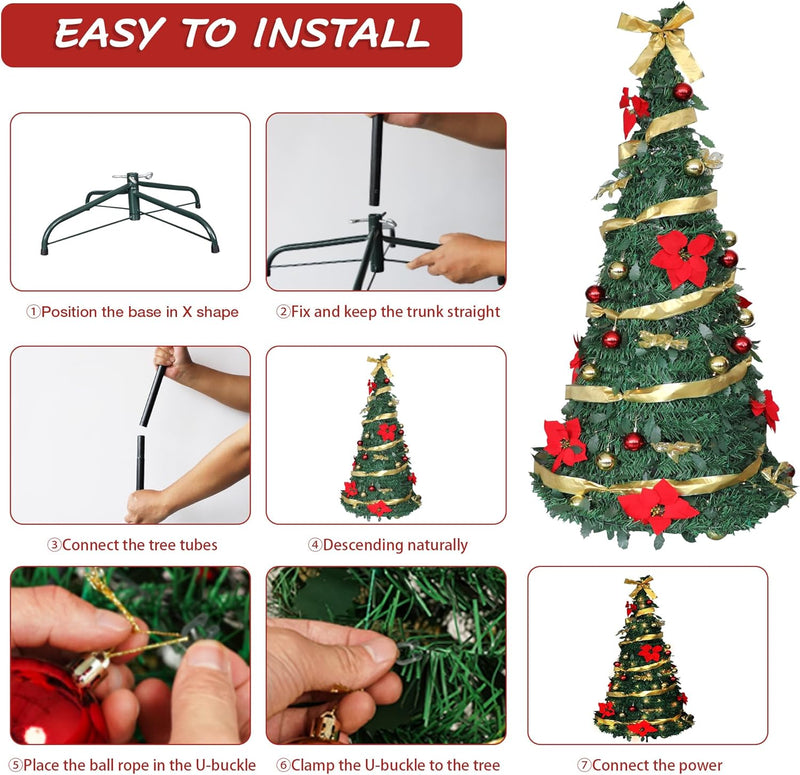6ft Pre-Lit Artificial Pop Up Christmas Tree Pre-Decorated Collapsible Xmas Tree with 200 Warm Lights, Balls, Bows, Flowers