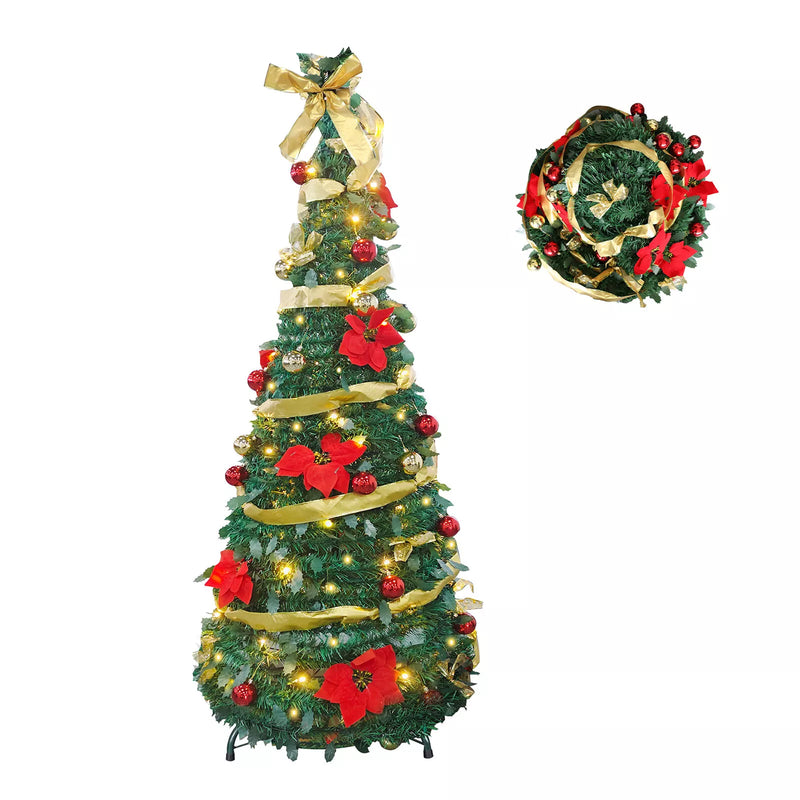 6ft Pre-Lit Artificial Pop Up Christmas Tree Pre-Decorated Collapsible Xmas Tree with 200 Warm Lights, Balls, Bows, Flowers