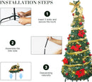 6ft Pre-Lit Collapsible Artificial Christmas Tree Pre-Decorated Pop Up Xmas Tree with 200 Lights, Gold and Red Balls, Bows, Flowers