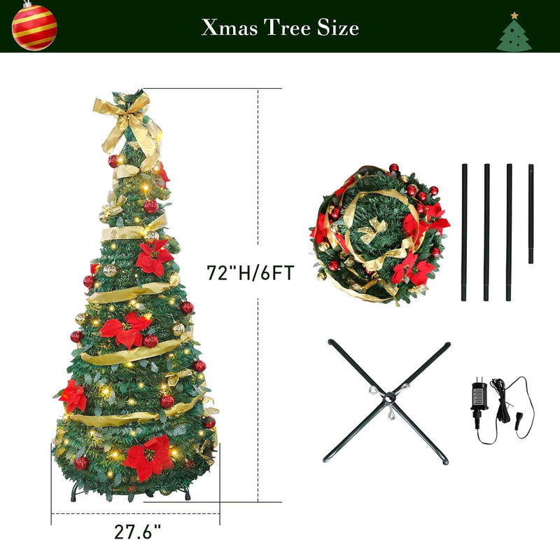 6ft Pre-Lit Collapsible Artificial Christmas Tree Pre-Decorated Pop Up Xmas Tree with 200 Lights, Gold and Red Balls, Bows, Flowers