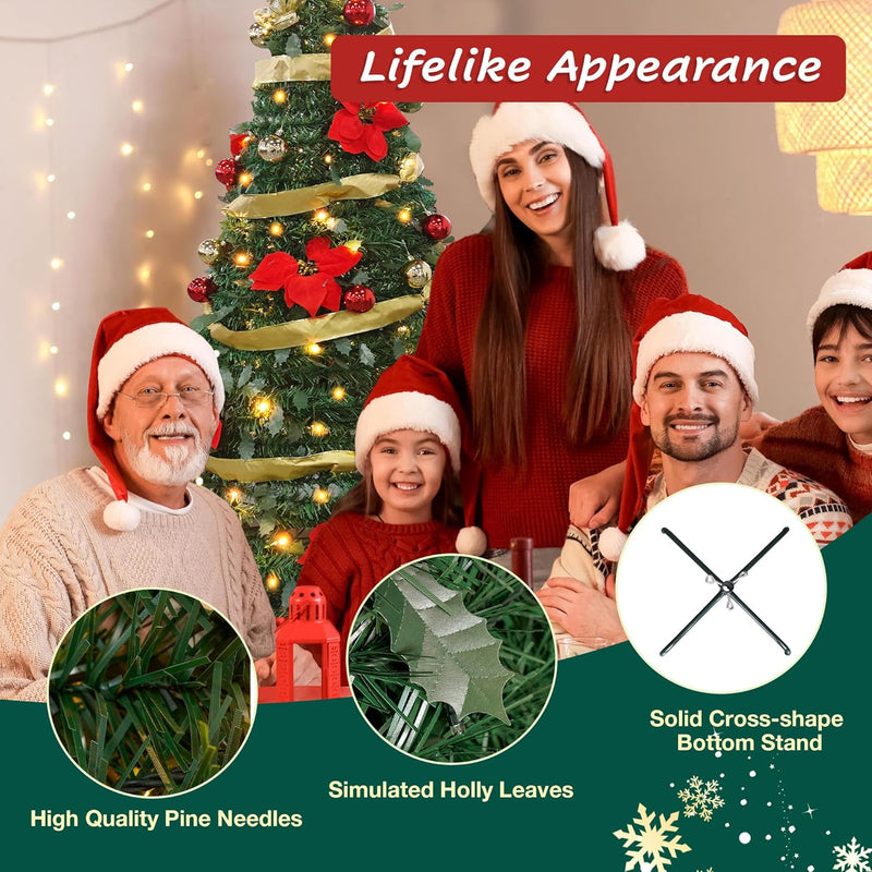 6ft Pre-Lit Artificial Pop Up Christmas Tree Pre-Decorated Collapsible Xmas Tree with 200 Warm Lights, Balls, Bows, Flowers