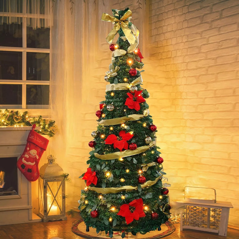 6ft Pre-Lit Artificial Pop Up Christmas Tree Pre-Decorated Collapsible Xmas Tree with 200 Warm Lights, Balls, Bows, Flowers
