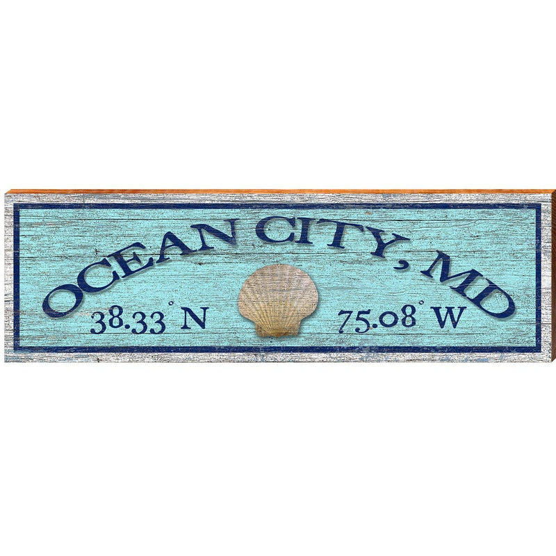 Ocean City, MD Shell Blue Latitude Longitude | Wall Art Print on Real Wood