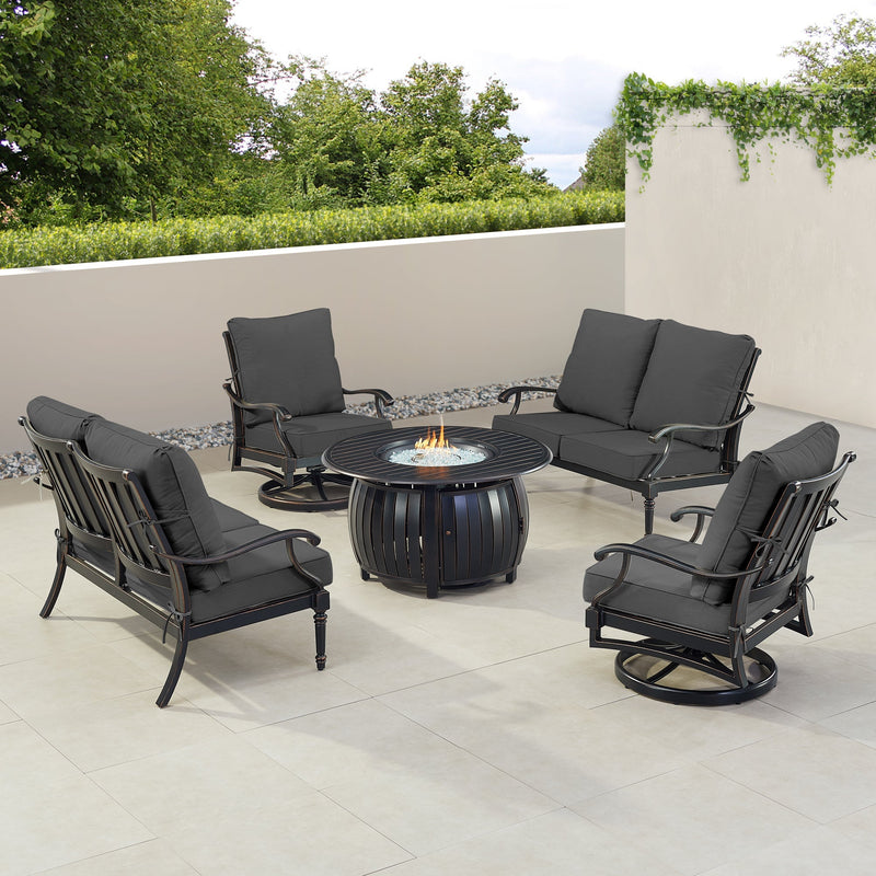 Black Aluminum Fire Table Set with Two Loveseats and Two Club Chairs