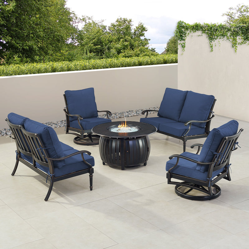 Black Aluminum Fire Table Set with Two Loveseats and Two Club Chairs