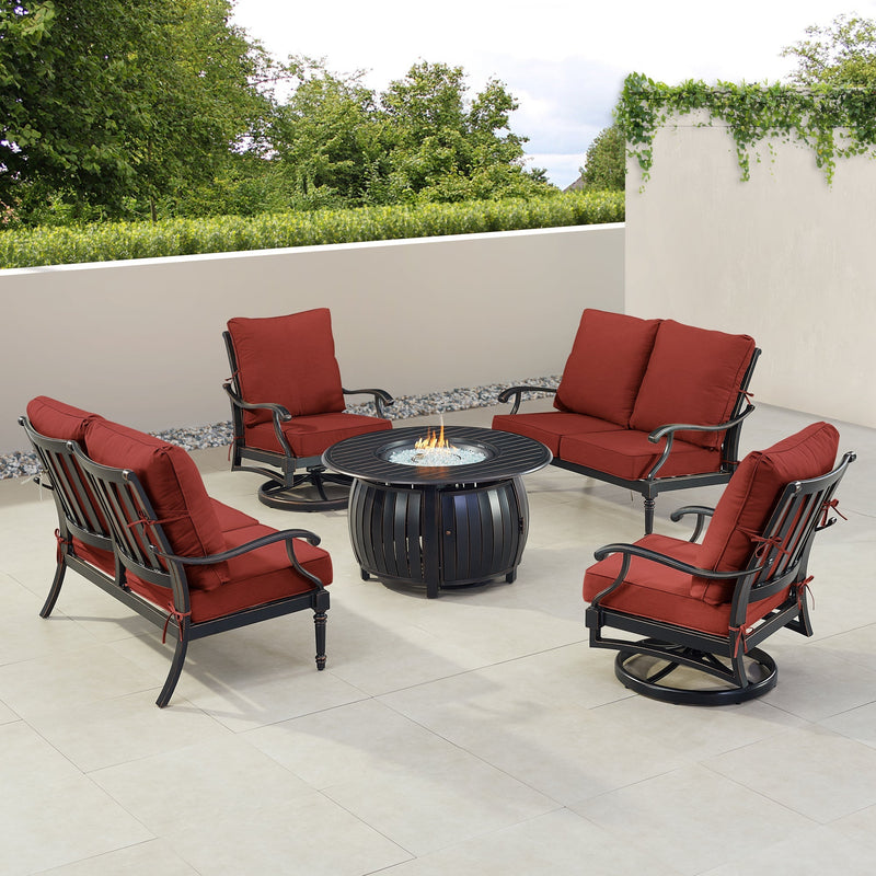 Black Aluminum Fire Table Set with Two Loveseats and Two Club Chairs