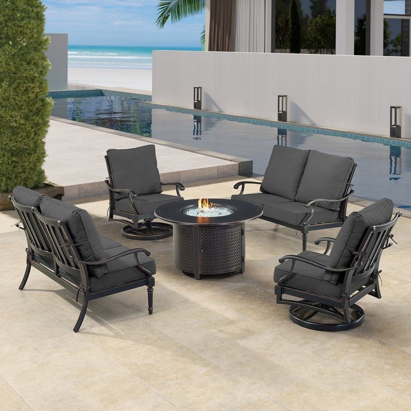 Black Aluminum Fire Table Set with Two Loveseats and Two Club Chairs