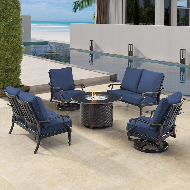 Black Aluminum Fire Table Set with Two Loveseats and Two Club Chairs
