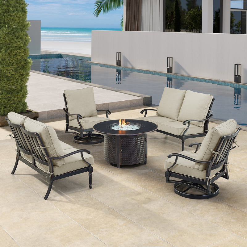 Black Aluminum Fire Table Set with Two Loveseats and Two Club Chairs