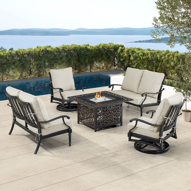 Black Aluminum Fire Table Set with Two Loveseats and Two Club Chairs