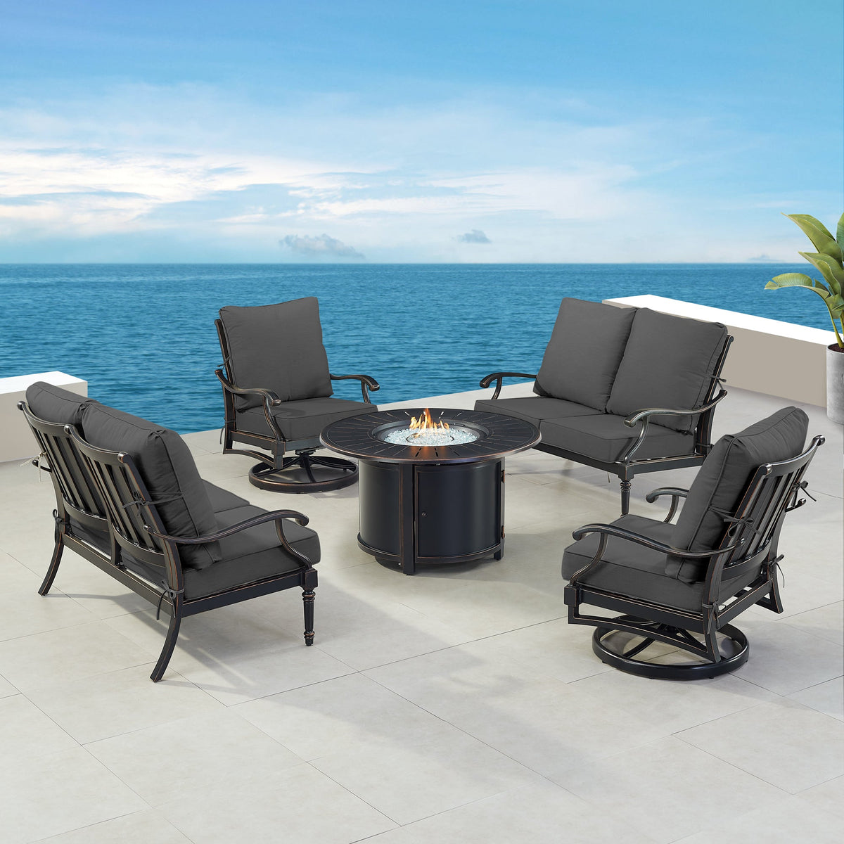 Black Aluminum Fire Table Set with Two Loveseats and Two Club Chairs, photo 9 of 11
