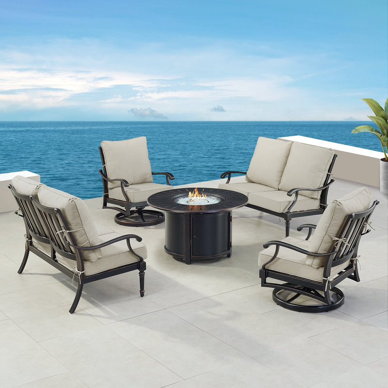 Black Aluminum Fire Table Set with Two Loveseats and Two Club Chairs