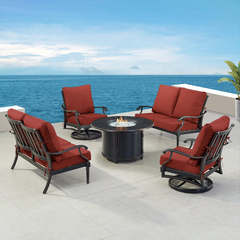 Black Aluminum Fire Table Set with Two Loveseats and Two Club Chairs