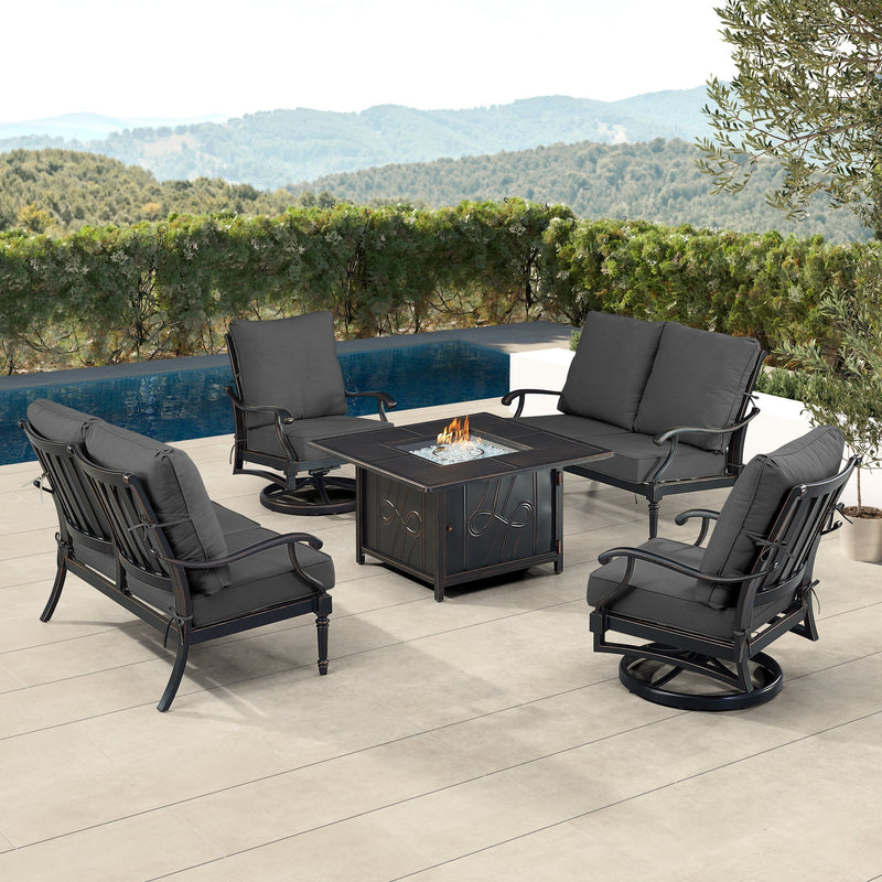 Black Aluminum Fire Table Set with Two Loveseats and Two Club Chairs