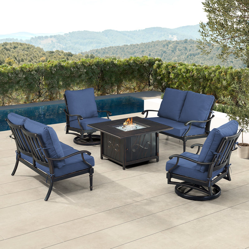 Black Aluminum Fire Table Set with Two Loveseats and Two Club Chairs