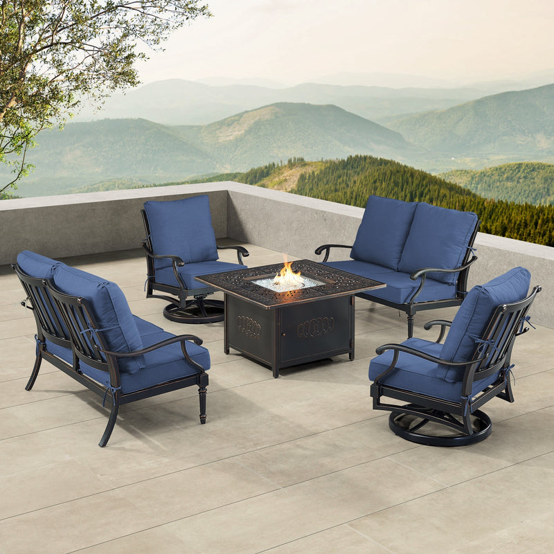 Black Aluminum Fire Table Set with Two Loveseats and Two Club Chairs