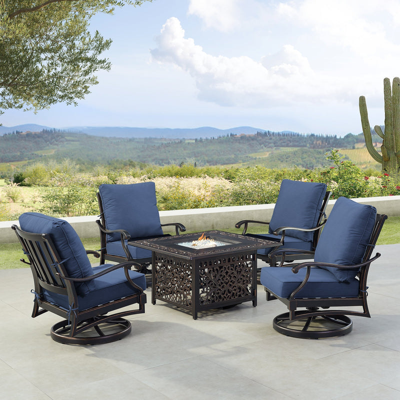 Black Aluminum Fire Table Set with Four Club Chairs