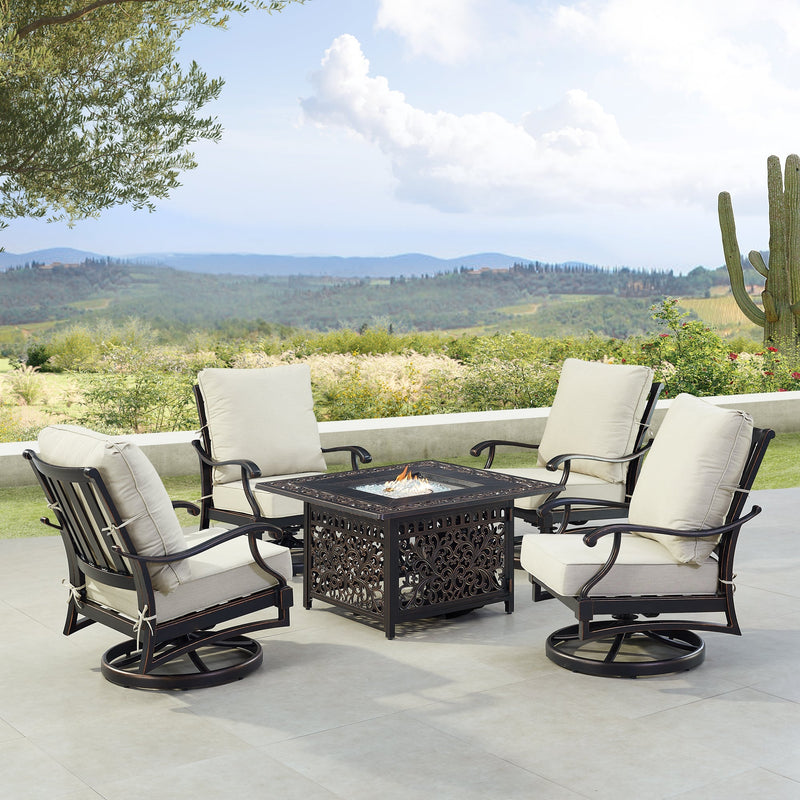 Black Aluminum Fire Table Set with Four Club Chairs
